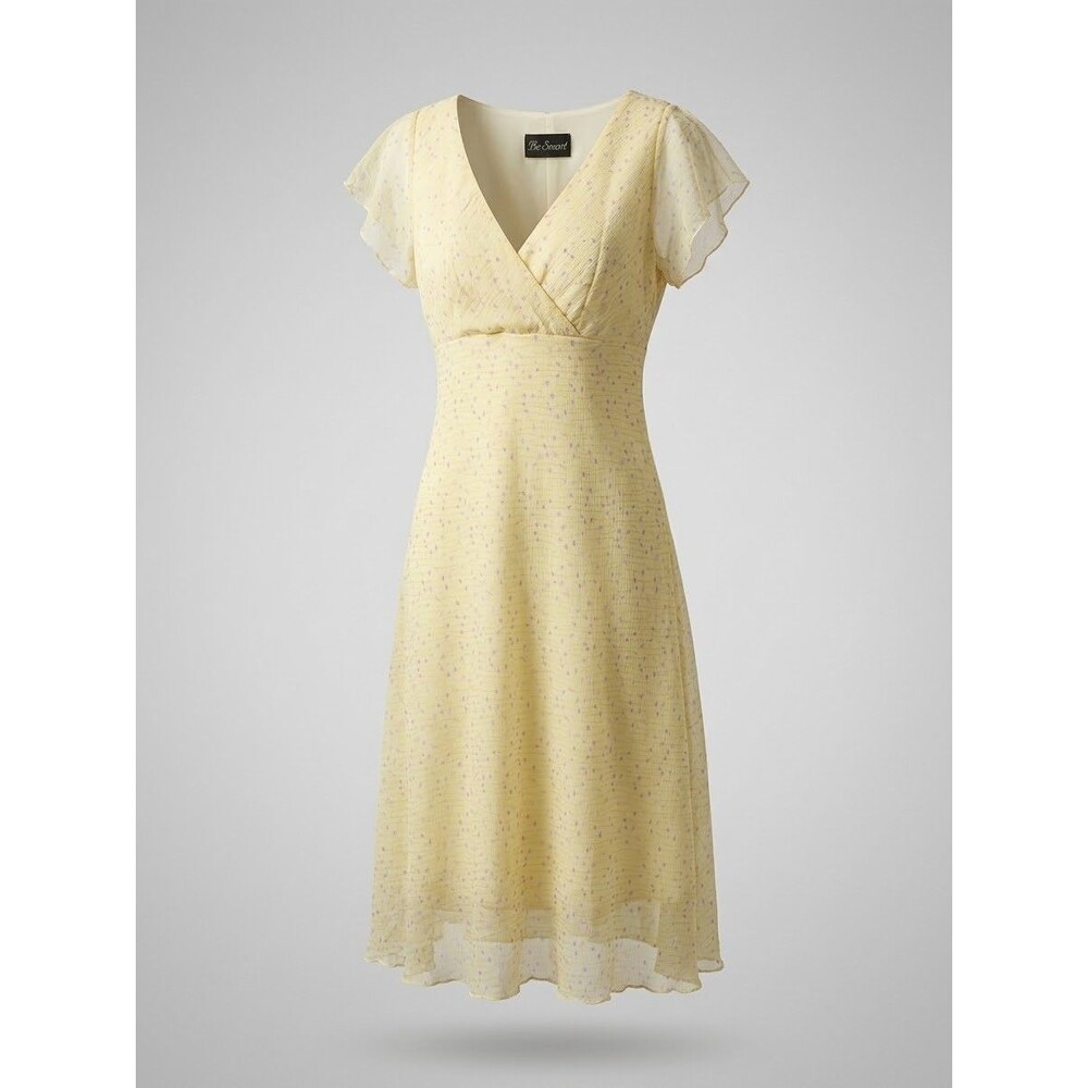 VTG Y2K Be Smart Yellow Floral Chiffon Midi Dress Flutter Sleeve Fairycore Sz S